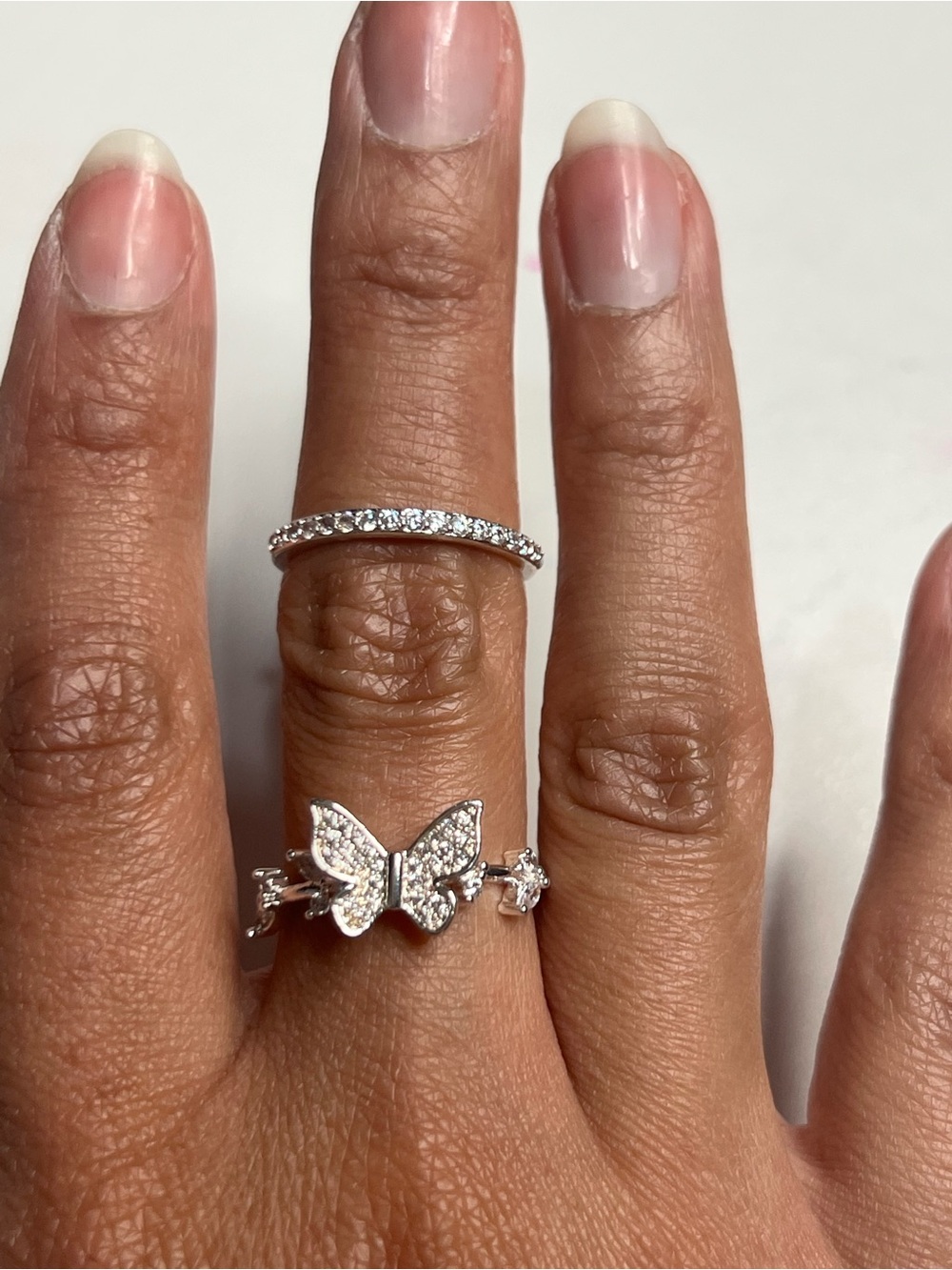 Silver Butterfly and Cubic Zirconia Stacking Ring Set - Silver
